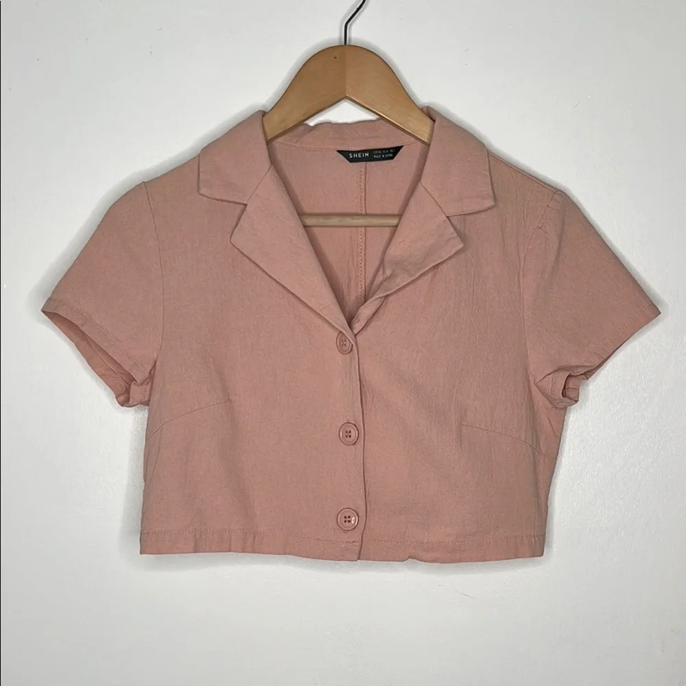 Light pink salmon cotton SS button up collared euro summer casual prep crop top - Picture 6 of 10